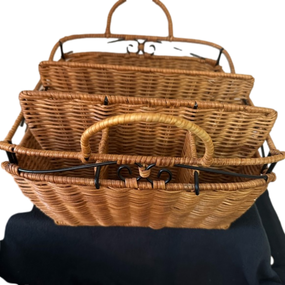 Princess House Rattan and Black Metal Basket for Plates, Napkins & Utensils